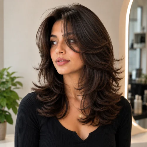 90s butterfly haircut with voluminous feathered layers and face-framing curtain bangs