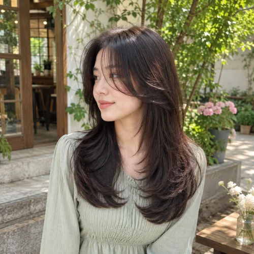 Asian butterfly haircut with soft face-framing layers and voluminous feathered ends