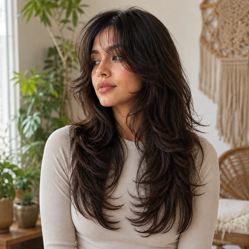 Boho butterfly cut with long flowing layers, natural soft waves, airy face-framing pieces, and relaxed brunette texture
