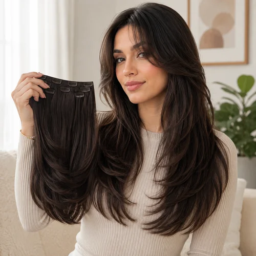 Butterfly cut clip-ins shown with long layered brunette hair, visible extension clips, and seamless volume-enhancing butterfly layers