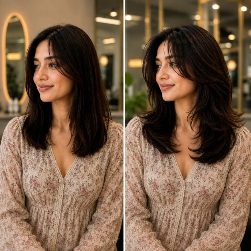 Butterfly haircut before and after showing sleek, minimal layers on the left and clearly defined feathered butterfly layers with face-framing volume and flipped ends on the right.