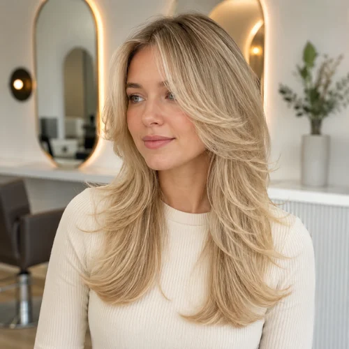 Blonde butterfly haircut with soft face-framing layers and voluminous feathered ends