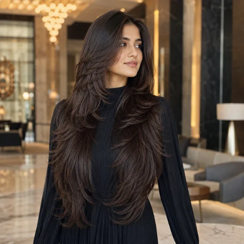 Long butterfly haircut with cascading face-framing layers and voluminous feathered movement 