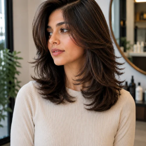 Butterfly haircut with a deep side part, voluminous layers, and feathered face-framing ends