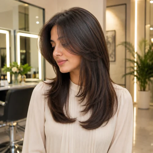Butterfly Haircut Straight Hair with sleek cascading layers, soft curtain bangs, face-framing pieces, and feathered ends