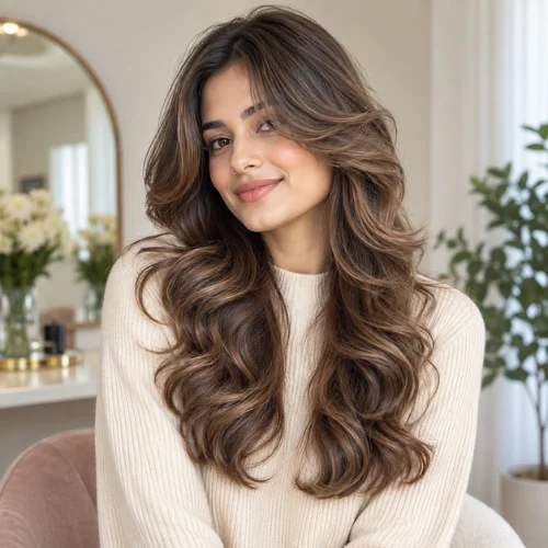 Woman with long wavy brown hair styled in a layered butterfly haircut with soft face-framing waves and curtain bangs