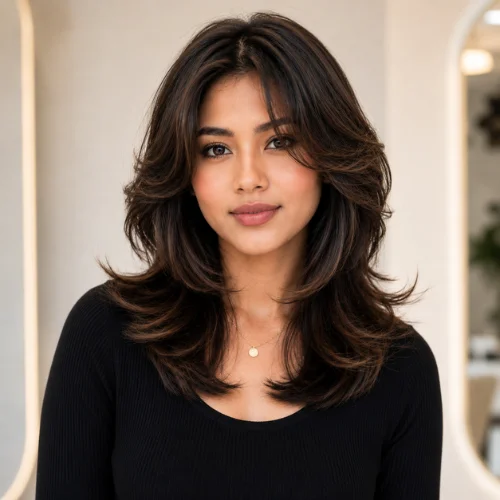 Butterfly haircut for a round face with face-framing layers, curtain bangs, and voluminous feathered ends