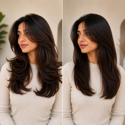 Butterfly haircut vs layers comparison showing voluminous feathered face-framing layers beside a smoother traditional layered hairstyle