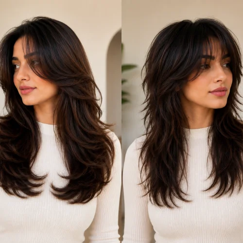 Butterfly haircut vs wolf cut comparison showing a soft voluminous butterfly cut with feathered layers beside a choppy textured wolf cut with wispy layers
