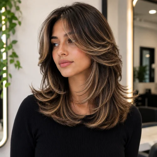 Butterfly haircut with warm blonde highlights, voluminous layers, and feathered face-framing ends