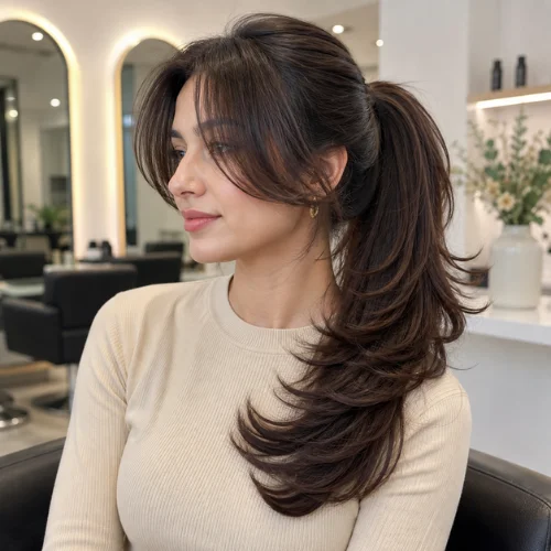 Butterfly haircut with a voluminous ponytail, soft face-framing layers, and feathered ends