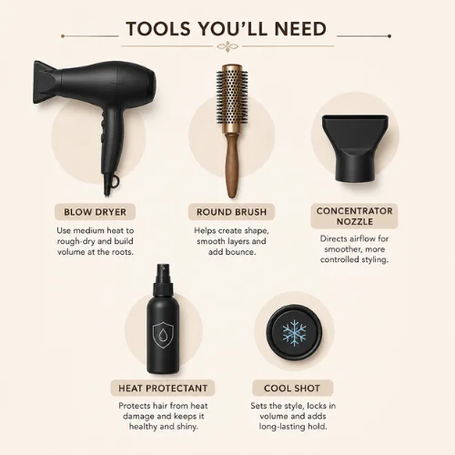 Infographic showing essential tools for styling a butterfly haircut with a blow dryer and round brush.
