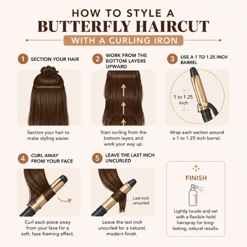 Infographic showing how to style a butterfly haircut with a curling iron for soft, natural waves.