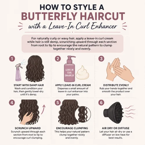 Infographic showing how to style a butterfly haircut with leave-in curl enhancer on damp curly or wavy hair.