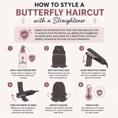 Infographic showing how to style a butterfly haircut with a straightener for a sleek, layered finish.