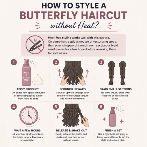 Infographic showing how to style a butterfly haircut without heat using mousse, scrunching, braiding, and soft waves.