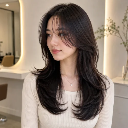 Korean butterfly haircut with soft curtain bangs, face-framing layers, and feathered ends