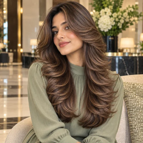 Woman with long voluminous layered butterfly haircut featuring feathered face-framing layers and sweeping ends