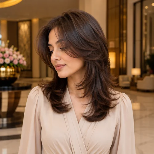  Medium Length Butterfly Haircut with soft face-framing layers and feathered ends on an adult woman in a luxury hotel lobby