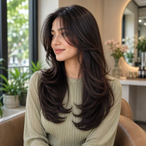 Classic butterfly haircut with voluminous crown layers, soft face-framing pieces, and long feathered lengths