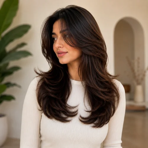 What is a butterfly haircut shown on a woman with long voluminous brunette layers, curtain bangs, face-framing pieces, and feathered ends